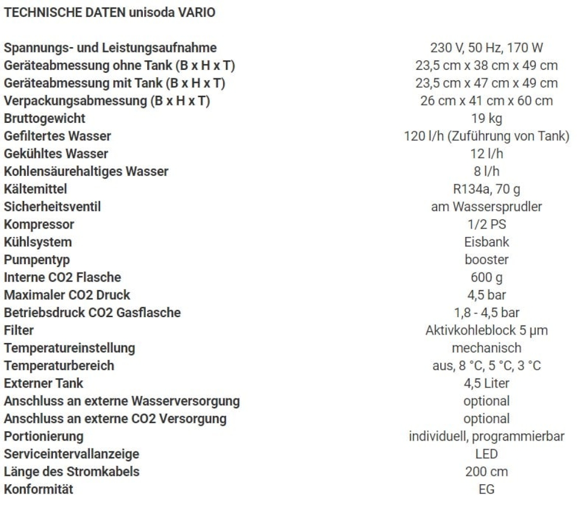 unisoda Vario Plus Auftischgerät technische Daten
